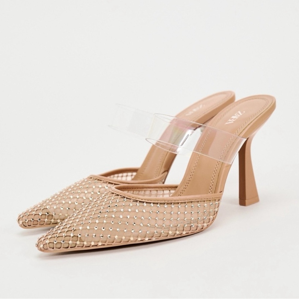 ZARA Vinyl Mesh Heeled Mules in Beige